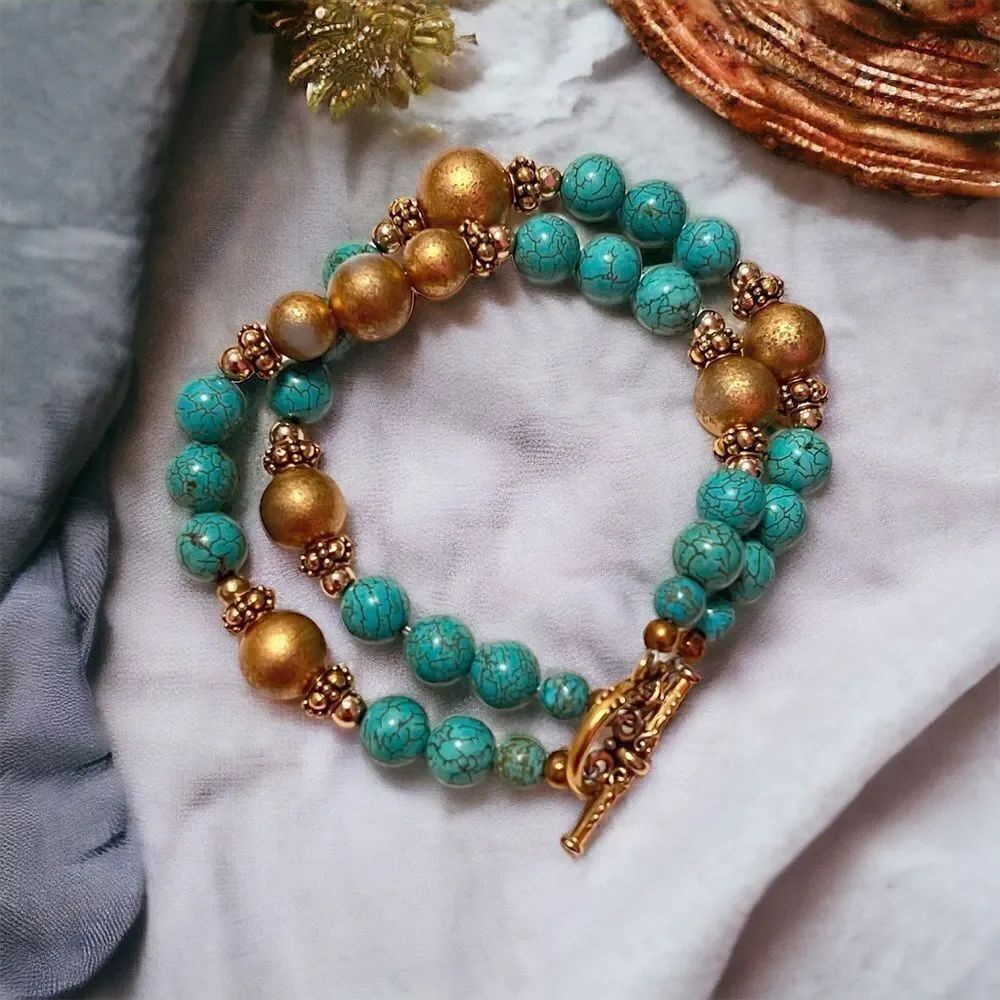 Turquoise Gold Tone Double Strand Beaded Toggle Bracelet 7”